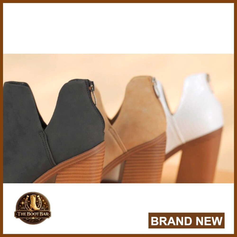 Chunky Heel Ankle Booties Pointed Toe Slip On Cutout Stacked Mid Heel - Picture 7 of 7